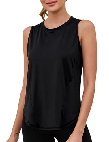 Terecey Sport Tank Top Damen Sommer Fitness Jogging Trägershirt Sport Oberteile Ärmellos Locker Sporttop Atmungsaktives Workout Running Yoga Tops, Schwarz L von Terecey