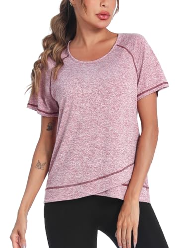 Terecey Sport Tshirt Damen Fitness Atmungsaktives Shirts Kurzarm Yoga Shirt Damen Locker Laufshirt Funktionsshirt für Jogging Trekking Trekking Gym Rosa von Terecey