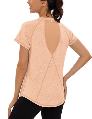 Terecey Sport Tshirt Damen Kurzarm UPF 50+ Basic Funktionsshirt Atmungsaktiv Laufshirt Wandershirt mit Back Mesh Sport Oberteile fur Fitness Yoga Laufen, Arancia XL von Terecey