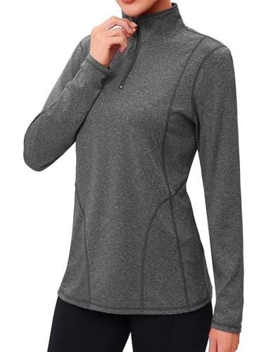 Terecey Sportshirt Damen Langarm 1/4 Reißverschluss Funktionsshirt UPF 50+ Langarmshirt Atmungsaktiv Fitness Sport Tshirts fur Yoga Tennis Läuft, Rauchgrau M von Terecey