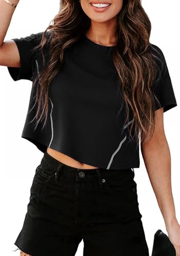 Terecey Sportshirt Damen Locker Sommer Oversized Tshirt Damen Bauchfrei Crop Shirt Kurzarm Damen Weiß Basic T-Shirt Für Freizeit von Terecey