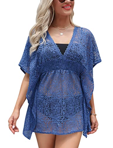 Terecey Strandkleid Damen Spitze Bikini Cover Up Sommer Strandponcho Kurz Pareos V-Ausschnitt Beachkleid von Terecey