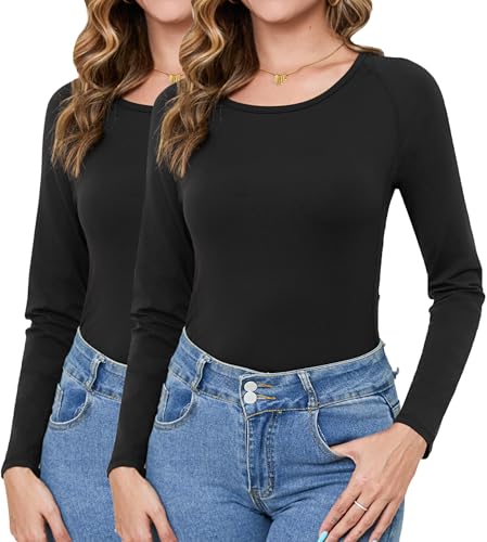 Terecey Thermo Oberteil Damen Rundhalsausschnitt Fleece Langarmshirt Warm Thermounterwäsche Slim Fit Weich Unterhemd Langarmshirt Leicht Skiunterwäsche, Schwarz+Schwarz 3XL von Terecey