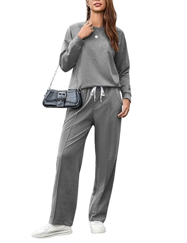 Terecey Trainingsanzug Damen Casual Langarm Pullover und Lange Hose Jogginganzug 2 Stücke Set Elegant Lockere Hausanzug Sport Lounge Set Freizeitanzug Mode Tracksuit Outfit Grau L von Terecey