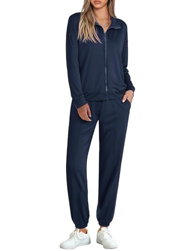 Terecey Trainingsanzug Damen Langarm Jogginganzüge Sportanzüge Atmungsaktiv 2 Teilig Hausanzug Tracksuit Bequeme Zipper Trainings-Jacke mit Taschen und Sporthose mit Bündchen, Navy Blau XL von Terecey