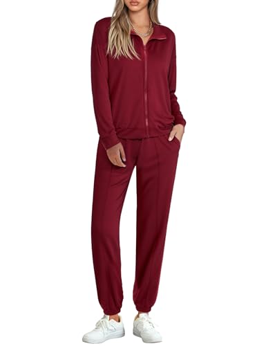 Terecey Trainingsanzug Damen Langarm Jogginganzüge Sportanzüge Atmungsaktiv 2 Teilig Hausanzug Tracksuit Bequeme Zipper Trainings-Jacke mit Taschen und Sporthose mit Bündchen, Rot L von Terecey