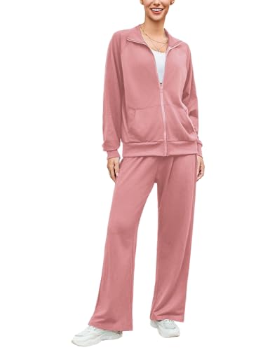 Terecey Trainingsanzug Damen Langarm Jogginganzug- Bequeme Tracksuit Sportanzug Freizeitanzug - Lässig 2 Teilig Zipjacke Jogginghose Atmungsaktiv Sportbekleidung fur Fitness Training, Rouge Rosa von Terecey
