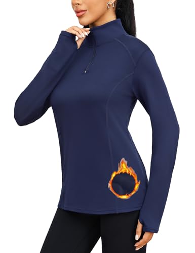Terecey UPF 50+ UV T-Shirt Damen Atmungsaktiv Sportshirt 1/4 Zip Trainingsshirt Wandershirt mit Daumenloch -Sonnenschutz Sport Funktionsshirt Rash Guard fur Yoga Surf Golf, Navy Blau XXL von Terecey