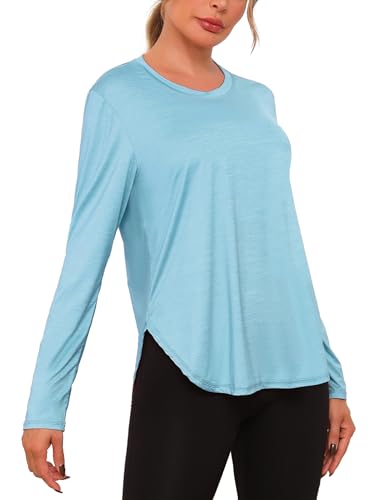 Terecey UV-Shirts Damen Langarm Sportshirt UPF 50+ Sommer Langarmshirt Atmungsaktiv Locker Sport Top Weich Leichtes Funktionsshirt für Yoga Fitness, Blau XXL von Terecey