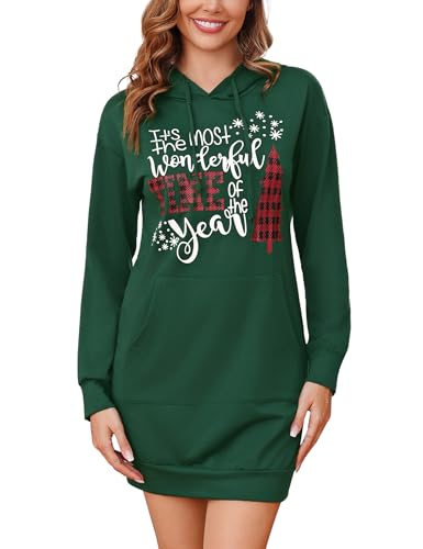 Terecey Weihnachts-Hoodie Kleid Damen Langarm Kapuzenpullover Lang Baumwolle Sweatkleider mit Kapuze Frauen Casual Sweatshirt mit Taschen für Herbst Winter von Terecey