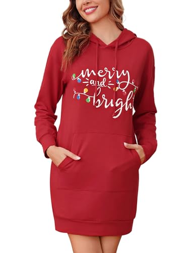 Terecey Weihnachts-Hoodie Kleid Damen Langarm Kapuzenpullover Lang Baumwolle Sweatkleider mit Kapuze Frauen Casual Sweatshirt mit Taschen für Herbst Winter von Terecey