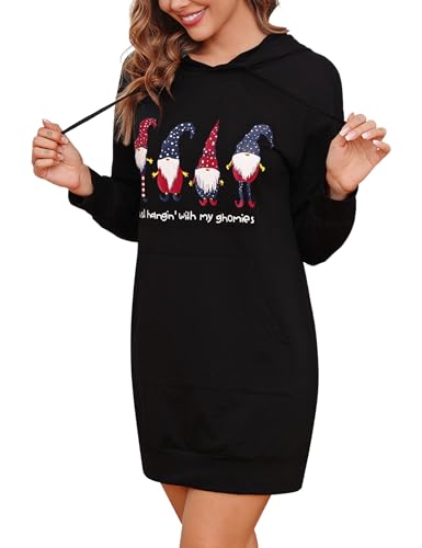 Terecey Weihnachts-Hoodie Kleid Damen Langarm Kapuzenpullover Lang Baumwolle Sweatkleider mit Kapuze Frauen Casual Sweatshirt mit Taschen für Herbst Winter von Terecey