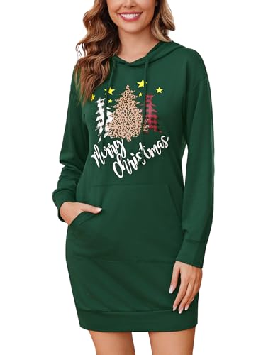 Terecey Weihnachts-Hoodie Kleid Damen Langarm Kapuzenpullover Lang Baumwolle Sweatkleider mit Kapuze Frauen Casual Sweatshirt mit Taschen für Herbst Winter von Terecey