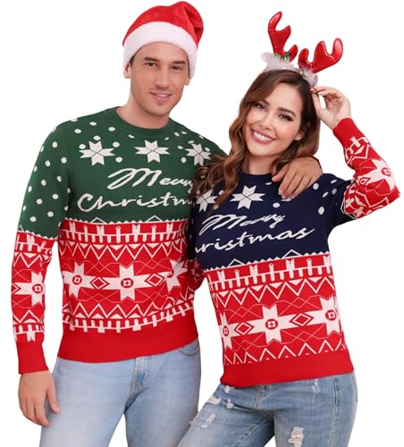 Terecey Weihnachtspullover Herren Damen Christmas Sweater Basic Warm Winter Strickpullover Herbst Locker Langarm Weihnachtspulli fur Pärchen Partnerlook Familie, Ägäisches Blau M von Terecey