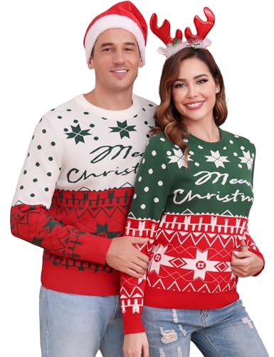 Terecey Weihnachtspullover Herren Damen Christmas Sweater Basic Warm Winter Strickpullover Herbst Locker Langarm Weihnachtspulli fur Pärchen Partnerlook Familie, Basilikum Grün S von Terecey