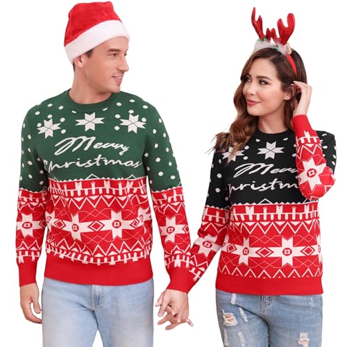 Terecey Weihnachtspullover Herren Damen Christmas Sweater Basic Warm Winter Strickpullover Herbst Locker Langarm Weihnachtspulli fur Pärchen Partnerlook Familie, Tiefschwarz XL von Terecey