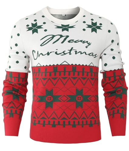 Terecey Weihnachtspullover Herren Damen Christmas Sweater Basic Warm Winter Strickpullover Herbst Locker Langarm Weihnachtspulli fur Pärchen Partnerlook Familie, Weiß S von Terecey