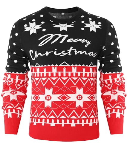 Terecey Weihnachtspullover Herren Damen Lustig Schneeflocke Strickpullover Partnerlook Pärchen Locker Christmas Sweater Familie Set Rundhals Paar Pullover fur Herbst Winter, Schwarz S von Terecey