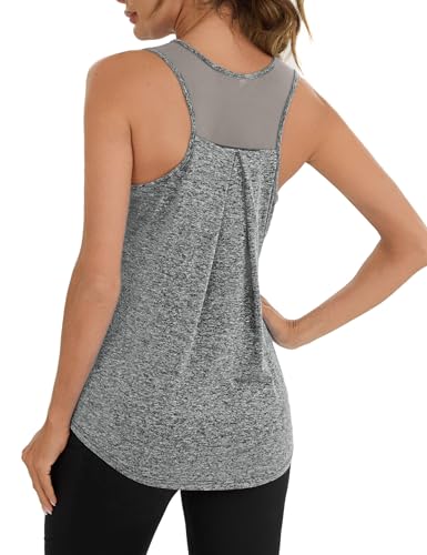 Terecey Yoga Tank Top Damen Atmungsaktives Racerback Funktionsshirt Ärmelloses Sport Training Workout Lauftop mit Mesh Zurück, Grau S von Terecey