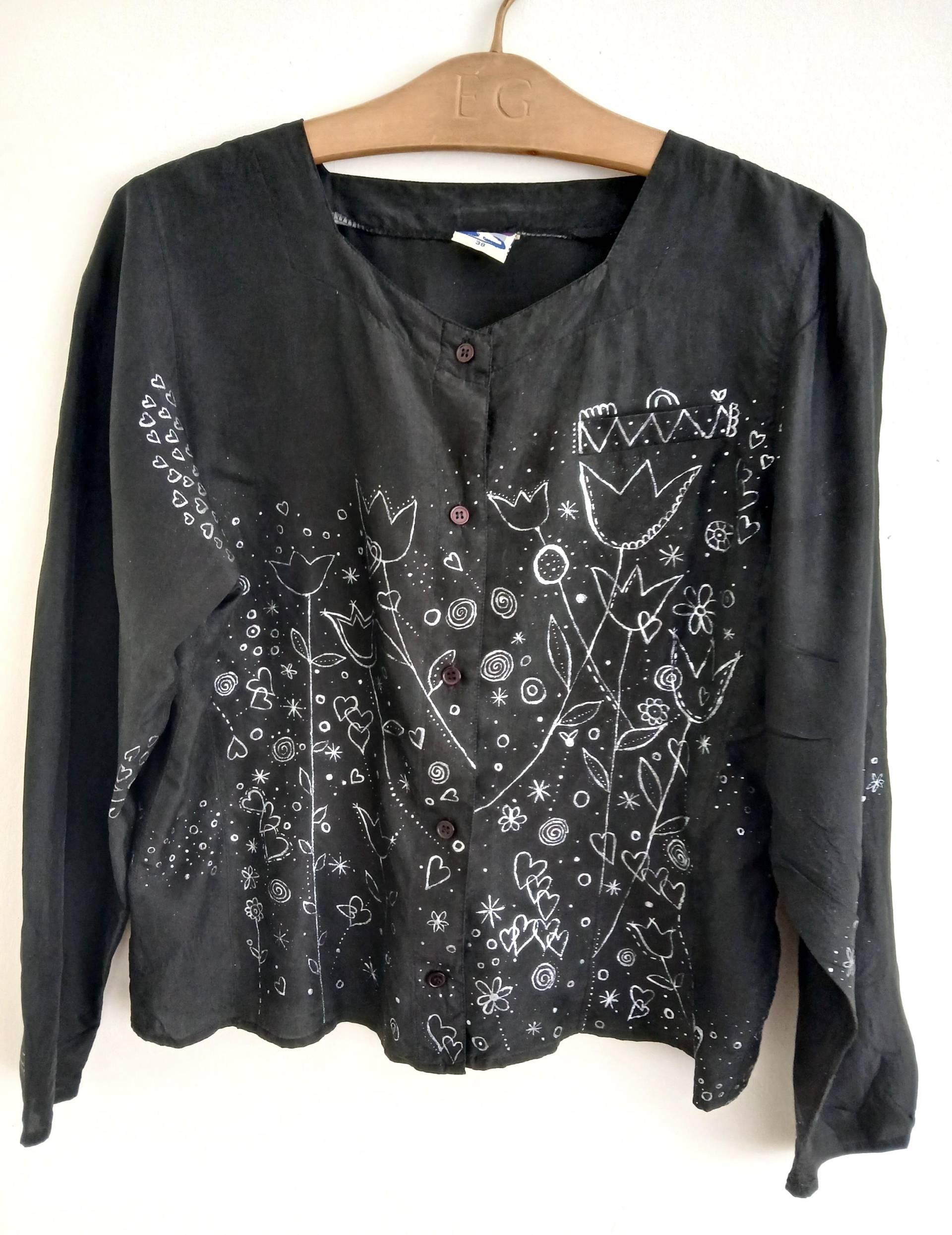 Handbemalte Schwarze Seiden-Frauen-Bluse Größe 38 von TereziaPearls