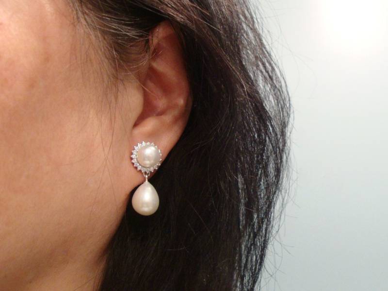 Echte Natürliche Perlenohrringe, Sterlingsilber Diamant Cz Braut Design Echte Natürliche Perlenohrringe, Sterlingsilber Diamant Cz Braut Design von TerraFinds