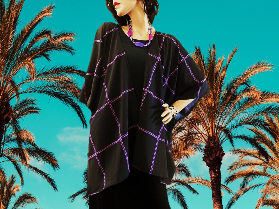 Schwarz Und Lila Fensterscheiben Kimono-strickjacke - Übergröße Boho Cover Up von TerriRDesigns