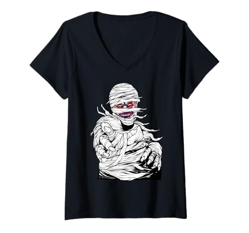 Damen Gruseliges böses Mumiengesicht gruseliger Horror Halloween T-Shirt mit V-Ausschnitt von Terrifying Wrapped Undead Monster Horror