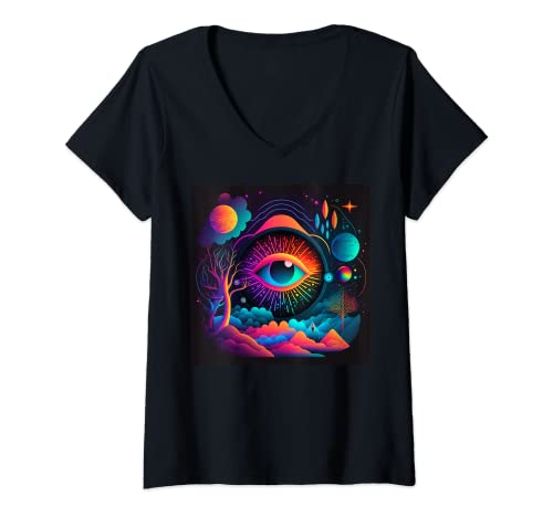 Damen Allsehendes Auge | Surreale grafische Schwarzlicht-Illustration T-Shirt mit V-Ausschnitt Damen Allsehendes Auge | Surreale grafische Schwarzlicht-Illustration T-Shirt mit V-Ausschnitt von Terriology