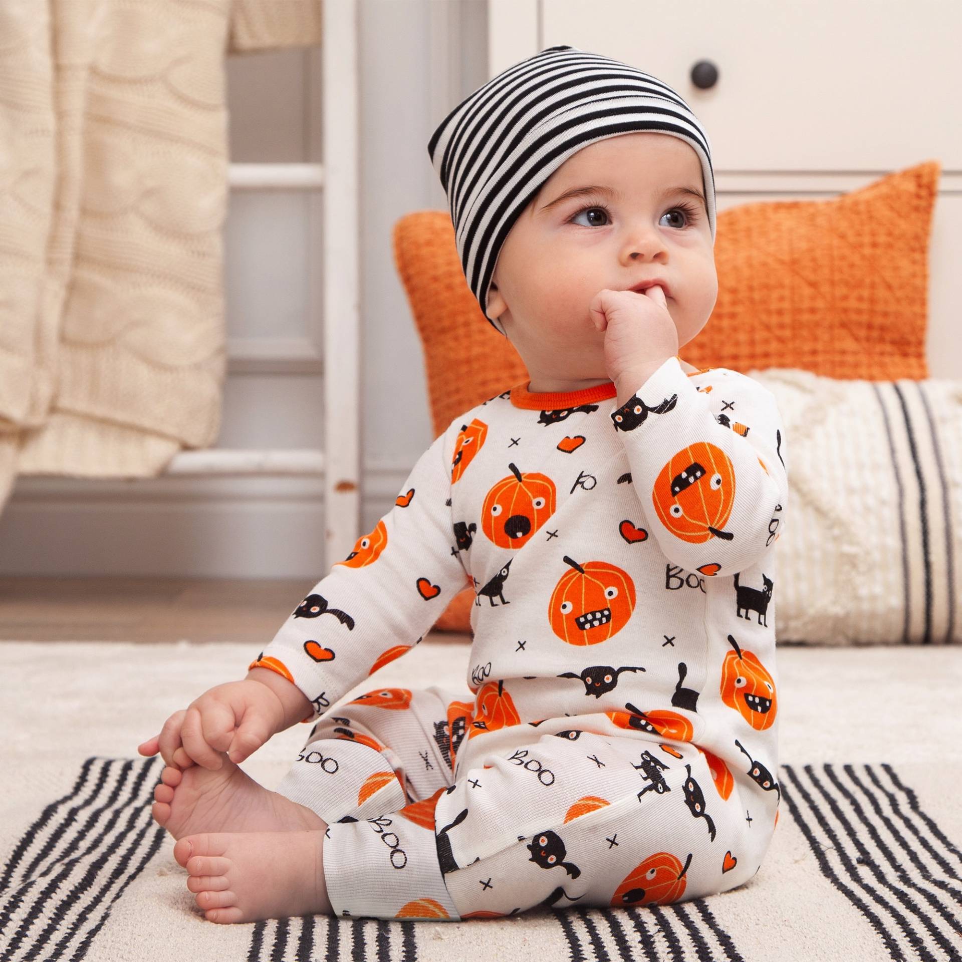 Baby Halloween Outfit - Bambus Baumwollmischung Kürbis Print Strampler Mit Optionalem Hut Oder Stirnband Kostüm von TesaBabe