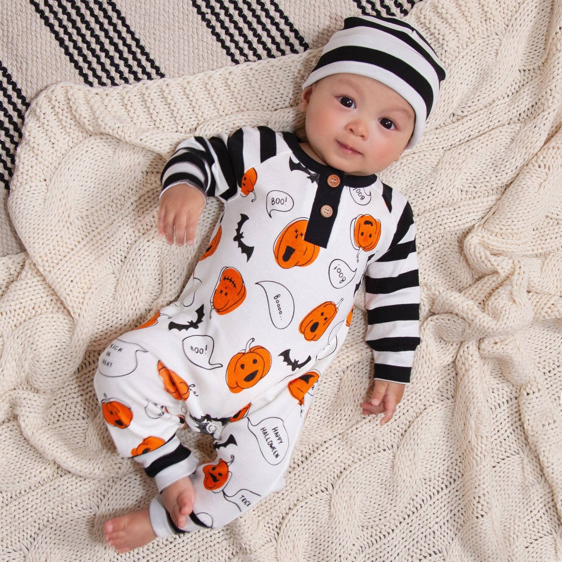 Baby Halloween Outfit - Kürbis Print Strampler Mit Optional Mütze Baumwolle von TesaBabe