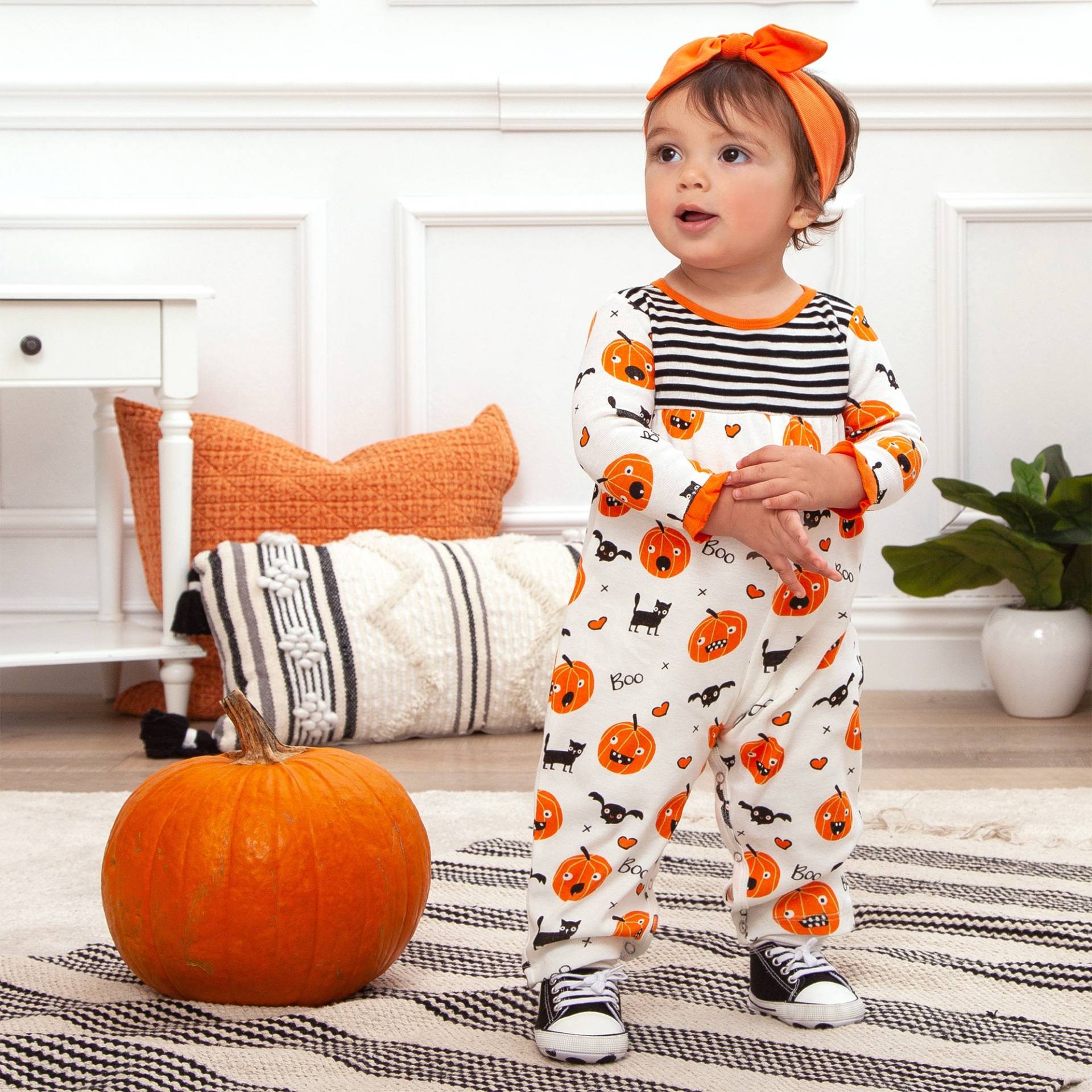 Baby Mädchen Halloween Outfit - Bambus-Baumwoll-Mischung Kürbis-Print Strampler Mit Optionalen Stirnband Kostüm von TesaBabe