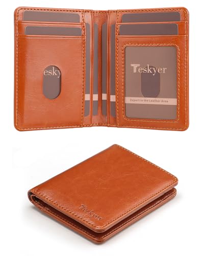 Teskyer Geldbörse Herren, Leder Slim Wallet mit RFID Schutz, Portmonee Herren 10 Fächer & Geschenk Box, 8.6 x 10.9 cm, Dunkelorange von Teskyer