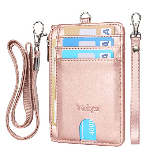 Teskyer Kartenetui Damen, Slim Wallet mit Münzfach, Card Holder Wallet, Karten Portemonnaie, 7 Fächer, mit ID-Fenster, RFID-Schutz, PU Leder, Roségold von Teskyer