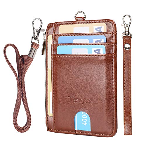 Teskyer Ausweishalter mit Umhängeband, Kartenhalter mit Reißverschlusstasche, 1 Ausweisfenster, hält bis zu 4 Karten, PU-Leder, braun, Zip Wallet with Lanyard, Geldbörse mit Reißverschluss und von Teskyer