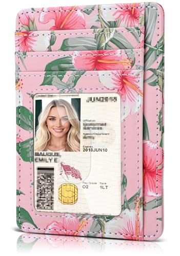 Teskyer Mini Portemonnaie Damen, Kleines Kartenetui, PU Leder Schlankes Kartenetui, RFID-Schutz, Minimalistischer, mit ID-Fenster und Schnellzugriff-Fach, Hibiskus von Teskyer