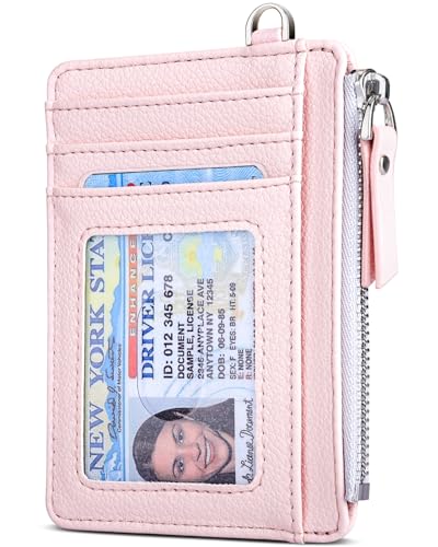 Teskyer Minimalistischer Leder Geldbörse, Slim Wallet mit Münzfach, RFID-Schutz Kartenetui Herren Damen mit Reißverschluss, 11 x 8 cm, Helles Pink von Teskyer
