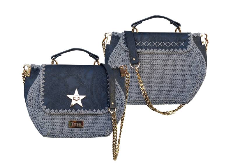 Blue Grey Shoulder Bag With A Star/Floral Embossing On Leather/Crochet Handbag /Eco-Leather/Single Copy von TessTaschen