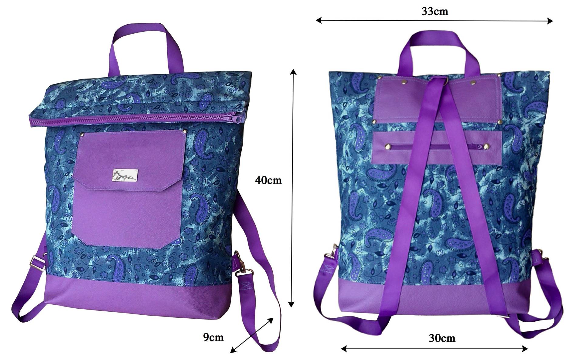 Blue-Purple Bag With Back Function.rolltop Backpack Embellishment Paisley | A Turkish Cucumber .denim Leather Insert Blue-Purple Bag With Back Function.rolltop Backpack Embellishment Paisley | A Turkish Cucumber .denim Leather Insert von TessTaschen