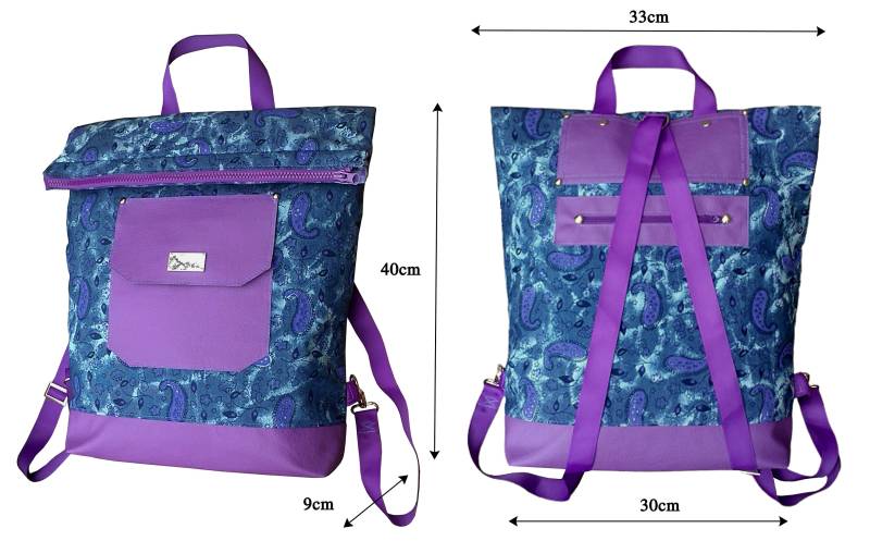 Blue-Purple Bag With Back Function.rolltop Backpack Embellishment Paisley | A Turkish Cucumber .denim Leather Insert Blue-Purple Bag With Back Function.rolltop Backpack Embellishment Paisley | A Turkish Cucumber .denim Leather Insert von TessTaschen
