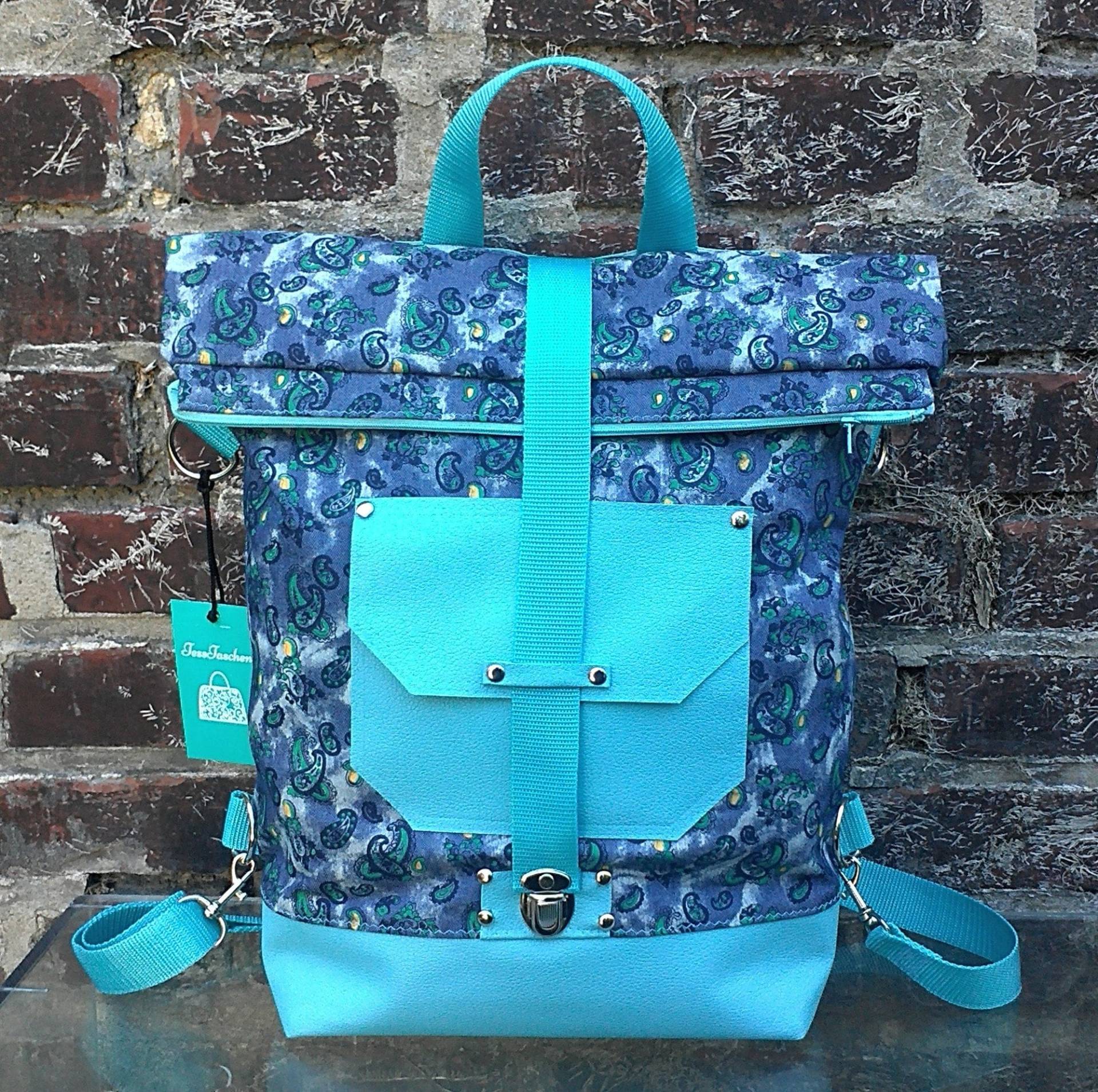 Denim Women's Backpack 2 in 1 With Leather Inserts. Paisley Pattern.turquoise Color.backpack Shoulder Bag Function.zippered Denim Women's Backpack 2 in 1 With Leather Inserts. Paisley Pattern.turquoise Color.backpack Shoulder Bag Function.zippered von TessTaschen