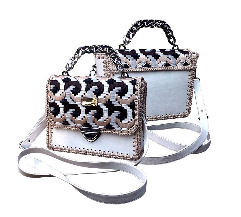 Designer Bag With Embroidery/Beige Brown Black White Bag/ Leather Handbag/ Chain Handle Shoulder Abstract Pattern Bag/Gift For Women von TessTaschen