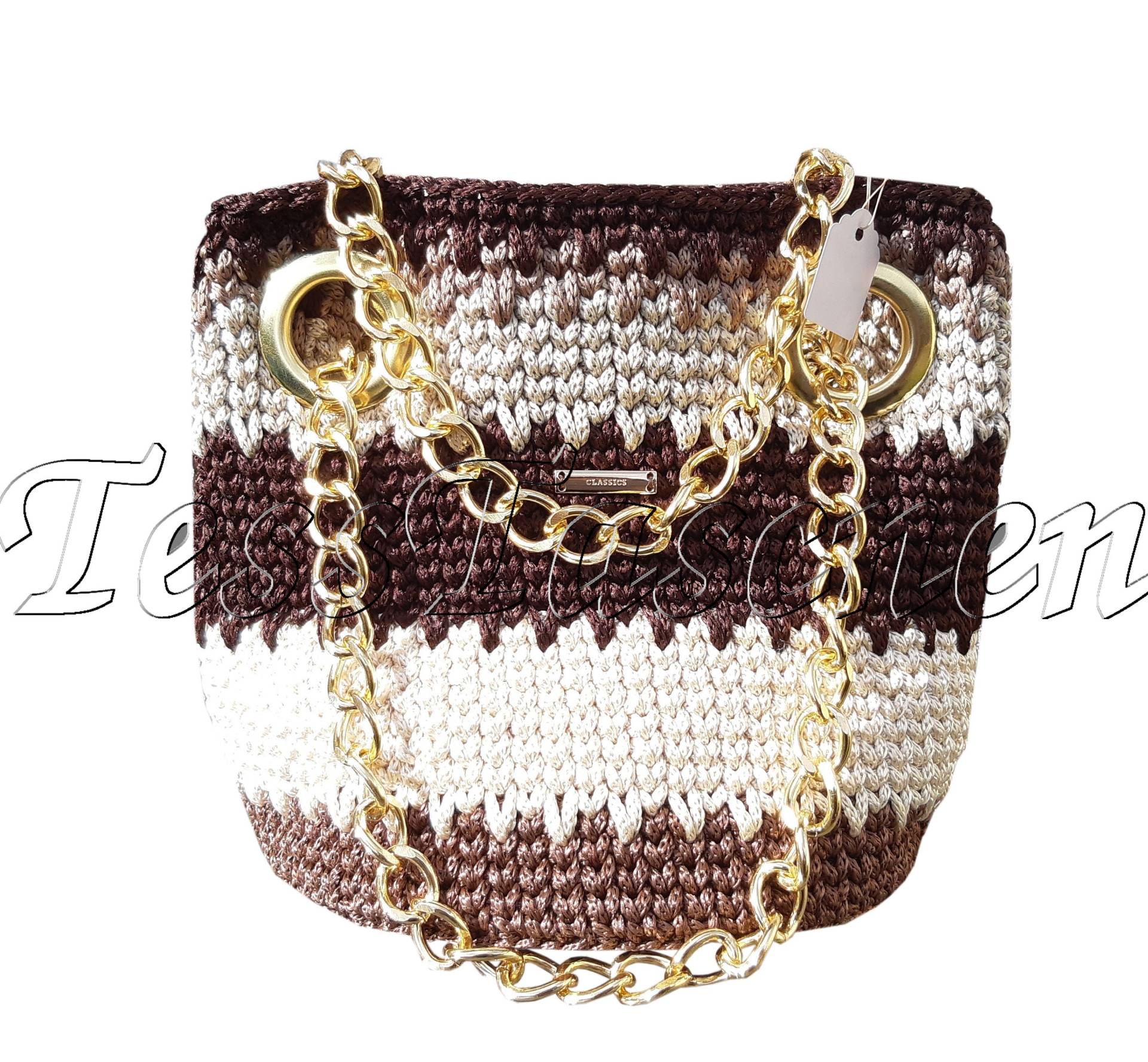 Ladies Handbag Crocheted Exclusive Designer Bucket Bag Brown-Beige Metallic Pouch With Massive Chain Eyelets Striped Ladies Handbag Crocheted Exclusive Designer Bucket Bag Brown-Beige Metallic Pouch With Massive Chain Eyelets Striped von TessTaschen