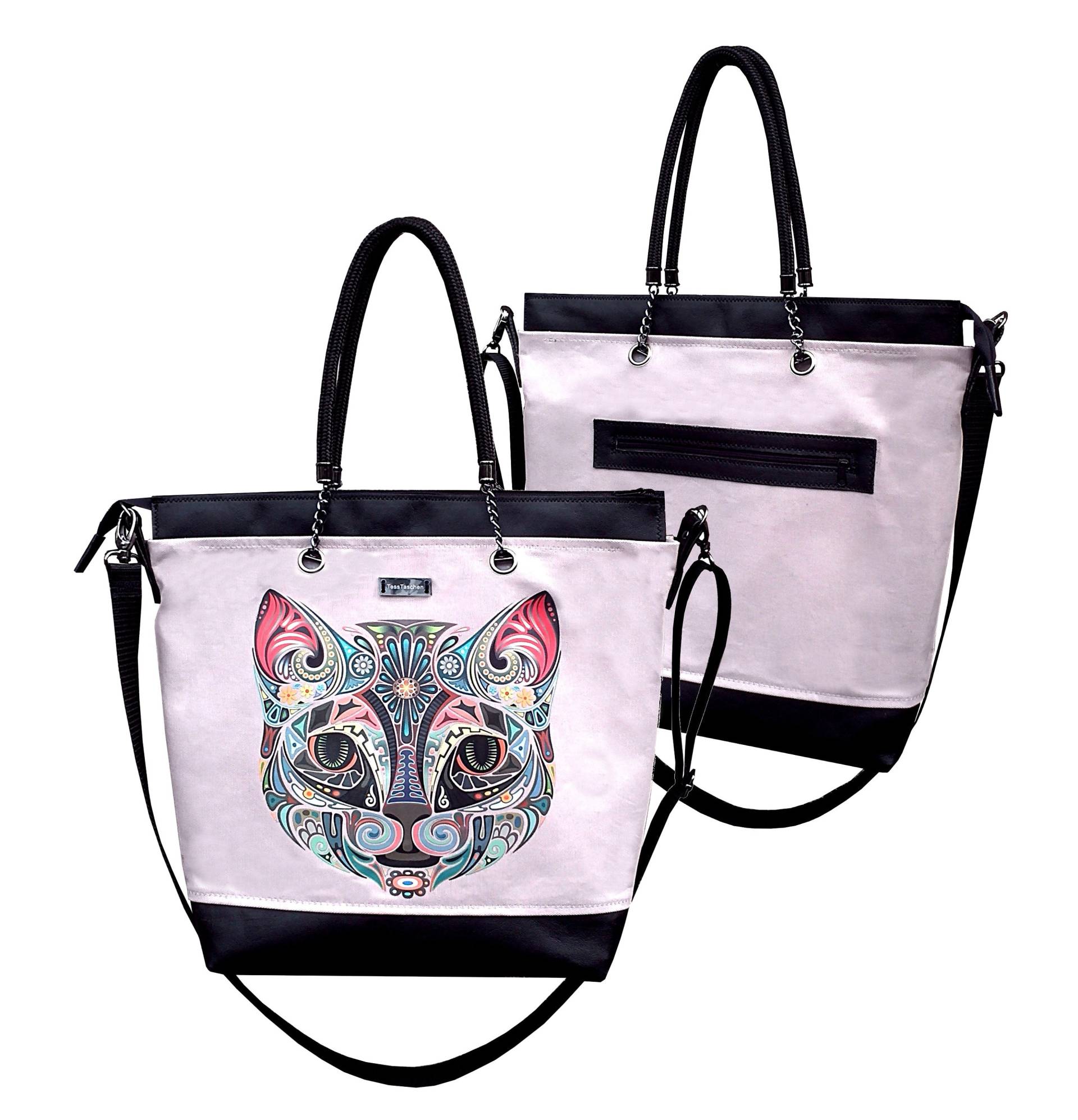 Large Pink & Black Tote Bag With Zipper. Cat Lovers Bag. Canvas Shoulder Large Pink & Black Tote Bag With Zipper. Cat Lovers Bag. Canvas Shoulder von TessTaschen