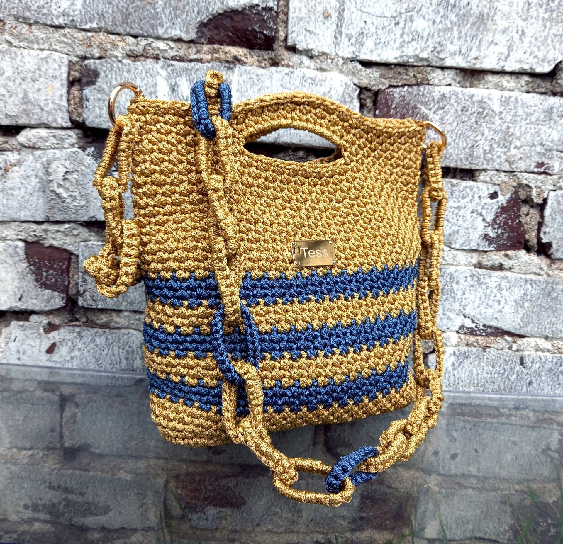Small Crochet Handbag With A Massive Knitted Chain.golden Brown Blue. Handmade Work.single Copy Small Crochet Handbag With A Massive Knitted Chain.golden Brown Blue. Handmade Work.single Copy von TessTaschen
