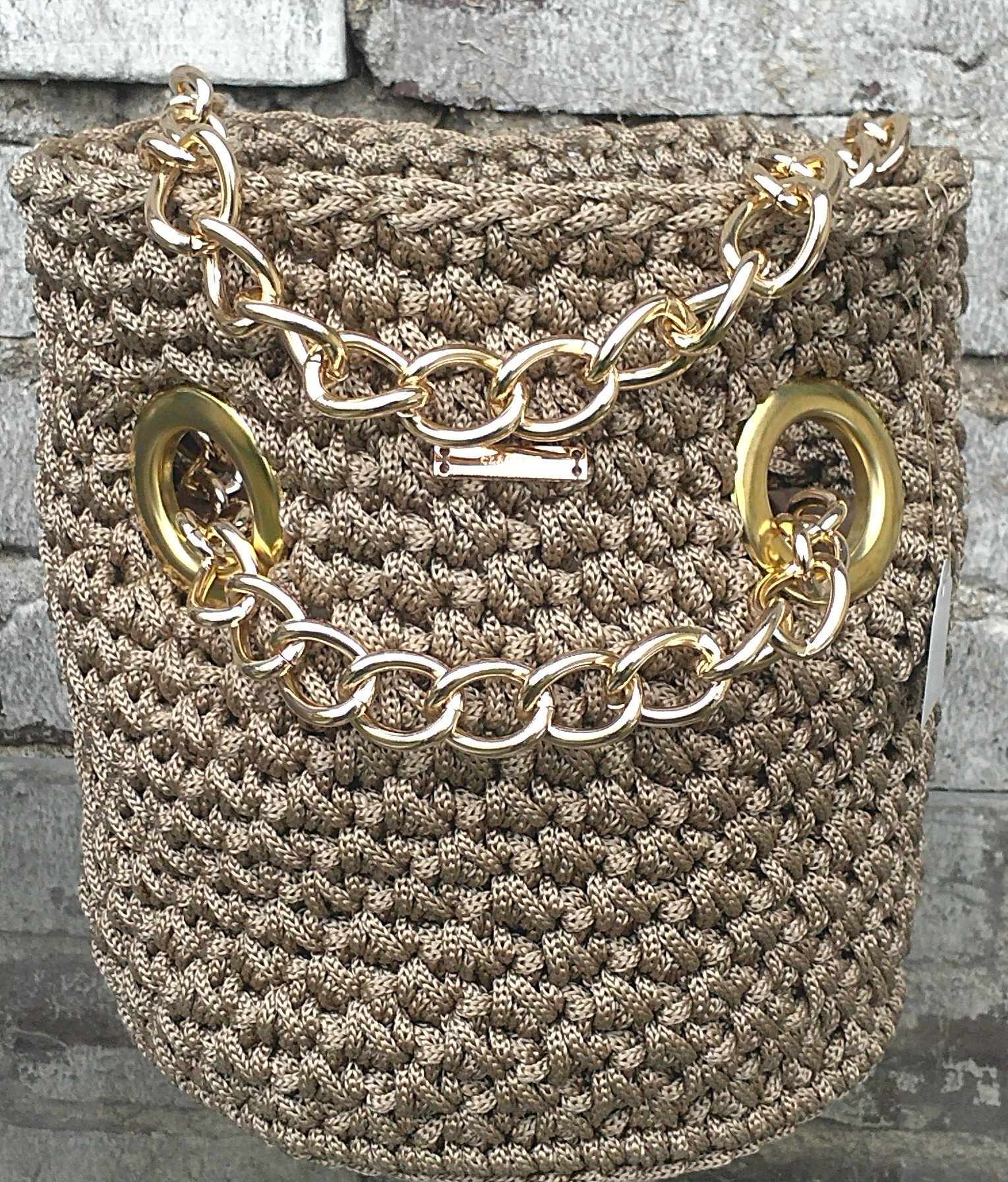 Women's Handbag Crocheted/ Bucket Bag/Beige Metallic Shoulder Bag With A Solid Chain & Large Eyelets/Medium Bag/ Exclusive Design Women's Handbag Crocheted/ Bucket Bag/Beige Metallic Shoulder Bag With A Solid Chain & Large Eyelets/Medium Bag/ Exclusive Design von TessTaschen
