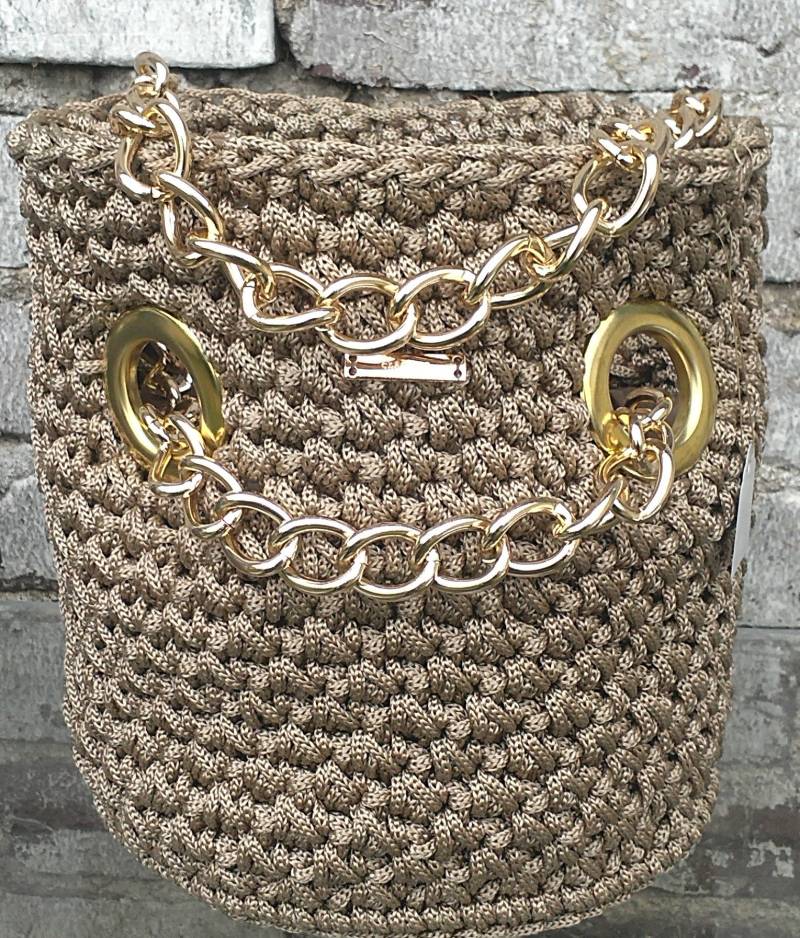 Women's Handbag Crocheted/ Bucket Bag/Beige Metallic Shoulder Bag With A Solid Chain & Large Eyelets/Medium Bag/ Exclusive Design Women's Handbag Crocheted/ Bucket Bag/Beige Metallic Shoulder Bag With A Solid Chain & Large Eyelets/Medium Bag/ Exclusive Design von TessTaschen