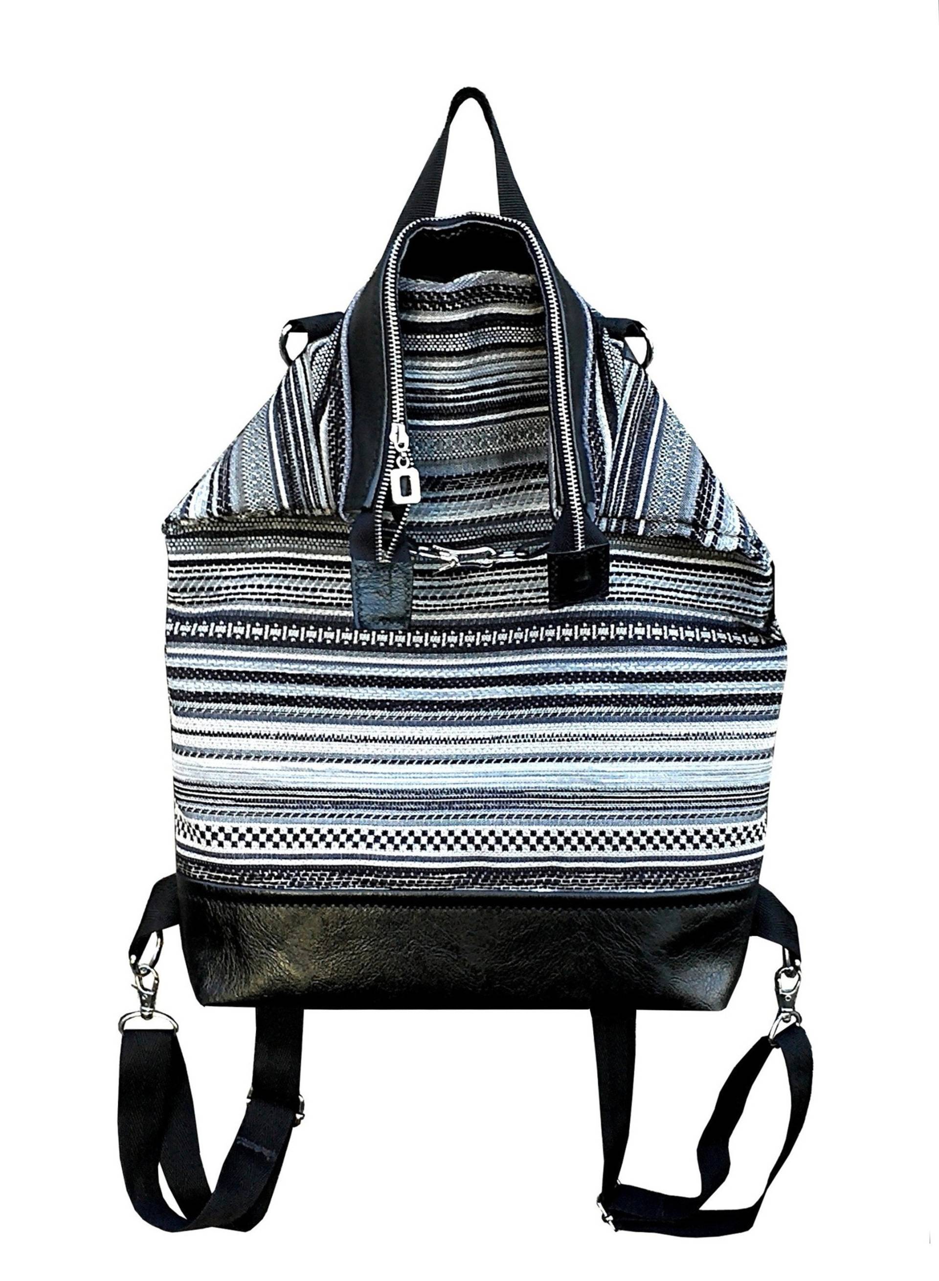 Women's Roll-Top Closes Backpack With Black-And-White Pattern.eco-Leather.shoulder Bag Function. Canvas Zipper Women's Roll-Top Closes Backpack With Black-And-White Pattern.eco-Leather.shoulder Bag Function. Canvas Zipper von TessTaschen