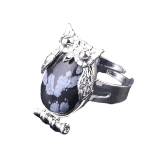 Edelstein-Ring – niedliche Eule, handgefertigter Ring für Damen, Naturstein-Cabochon-Perlen, verstellbarer Ring, weißer niedlicher Tier-Anhänger, Party-Schmuck, Schneeflockenstein, Einheitsgröße von Tesselite