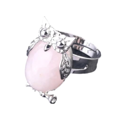 Edelstein-Ring – süße Eule, handgefertigter Ring für Damen, Naturstein-Cabochon-Perlen, verstellbarer Ring, weißer niedlicher Tier-Anhänger, Party-Schmuck, Rosenquarz, Einheitsgröße von Tesselite