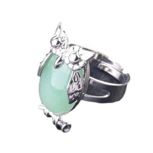 Edelstein-Ring – süße Eule, handgefertigter Ring für Damen, Naturstein-Cabochon-Perlen, verstellbarer Ring, weißer niedlicher Tier-Anhänger, Party-Schmuck, grüner Aventurin, Einheitsgröße von Tesselite